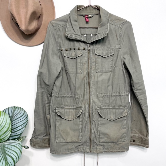 H&M Jackets & Blazers - h&m | army utility jacket studded broken-in ipa beer patch 8